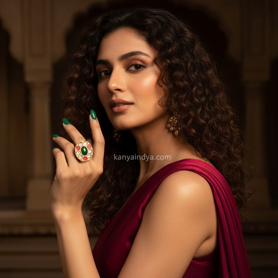 Green Multi Jadau Adjustable Finger Ring