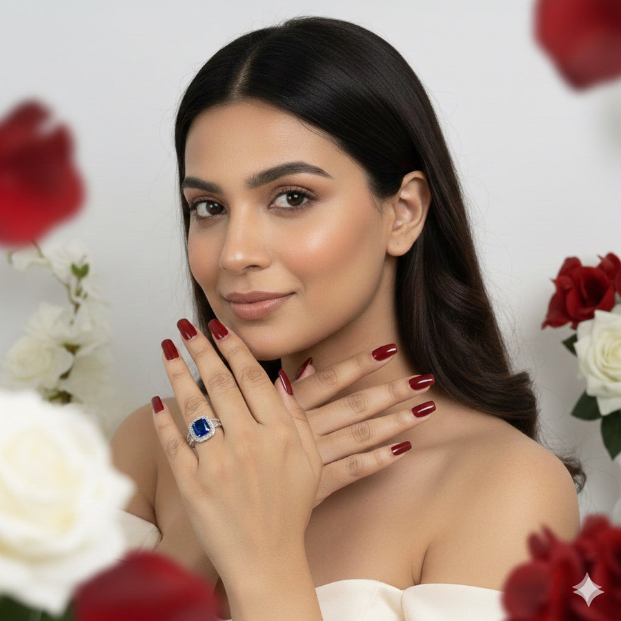 Blue Italian AAA Cut American Diamonds Adjustable Finger Ring