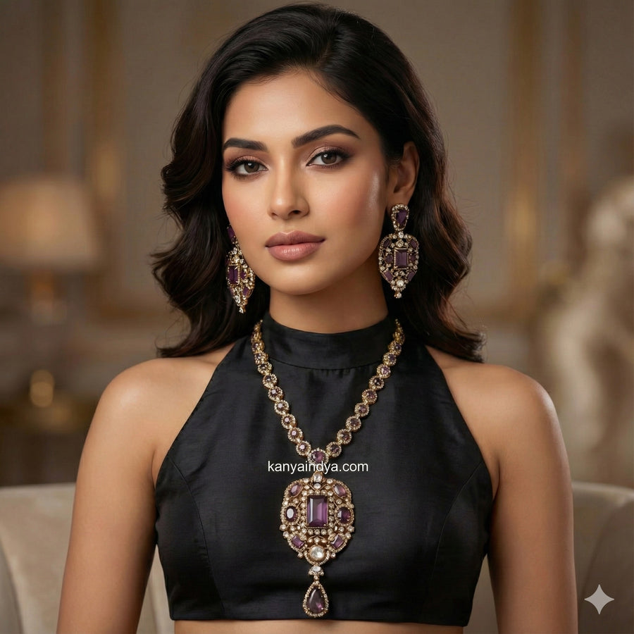 Amethyst Purple Doublet Moissanite Sabya Inspired Necklace Set