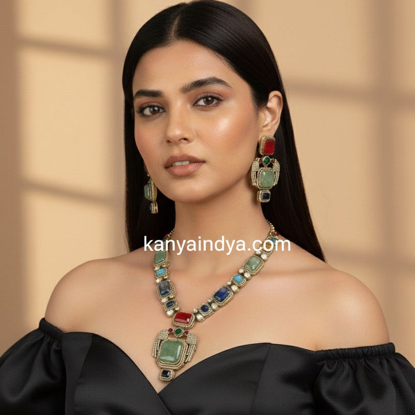 Mint Marble Doublet Cubic Zirconia Sabya Inspired Necklace Set