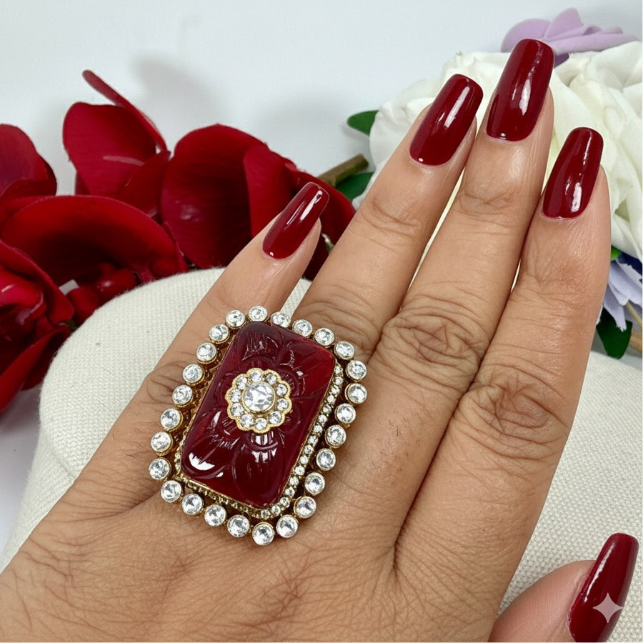 Ruby Carved Doublet & Moissanite Adjustable Statement Finger Ring