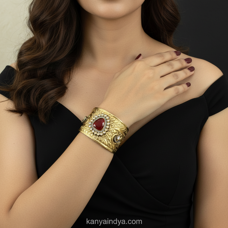 Ruby Silver Lookalike Kundan Gold Cuff Bangle(One Size Fits All)