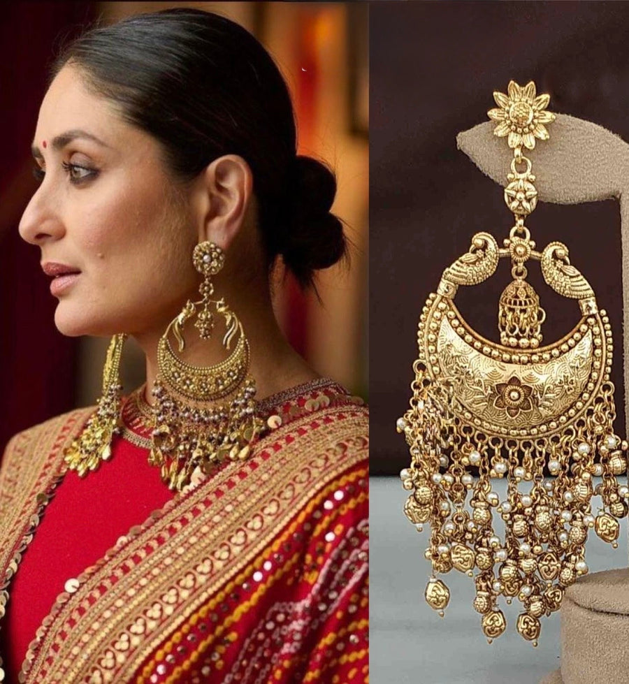 Clear Antique Gold Kareena Kapur Inspired Statement Chand Bali Earrings