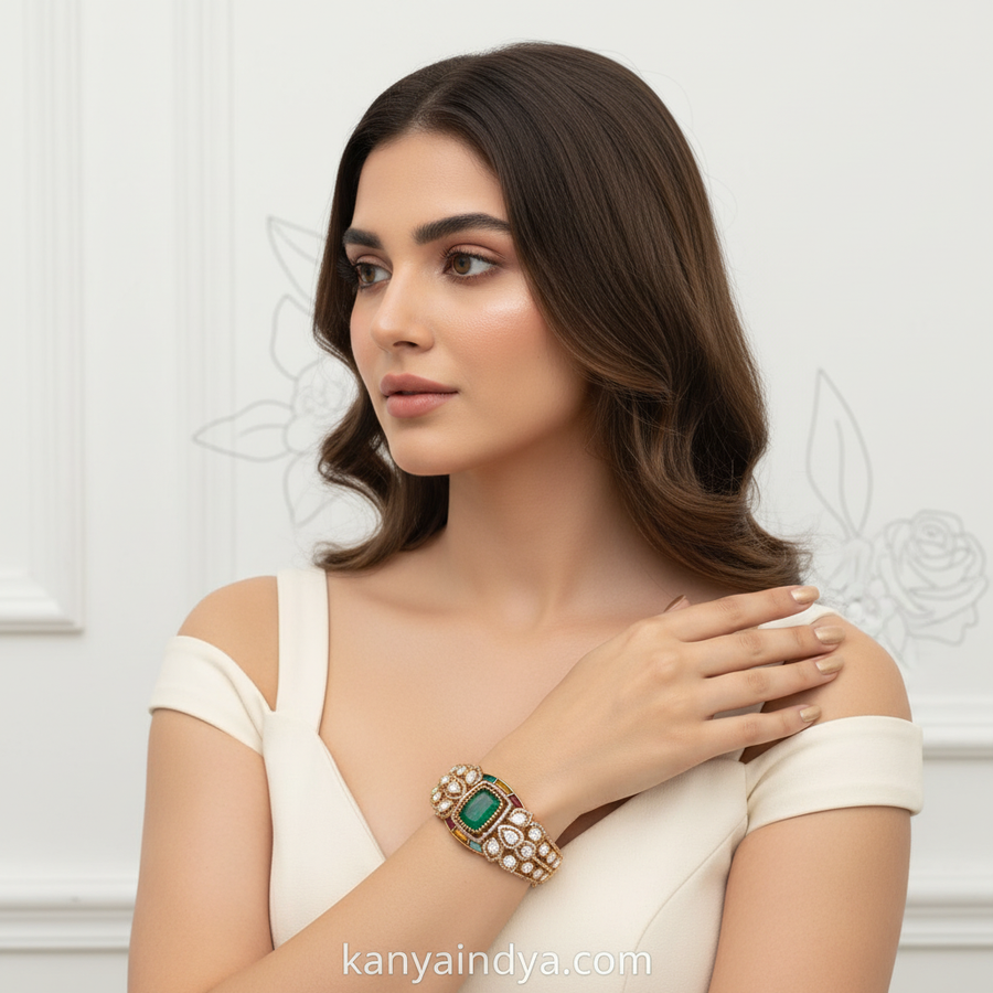 Green Doublet With Multi Jadau Moissanite Bangle( Fits Size 2.2-2.6)