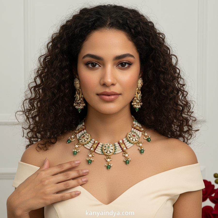 Mint Multi Antique Gold Heritage Rajwadi Kundan Necklace Set