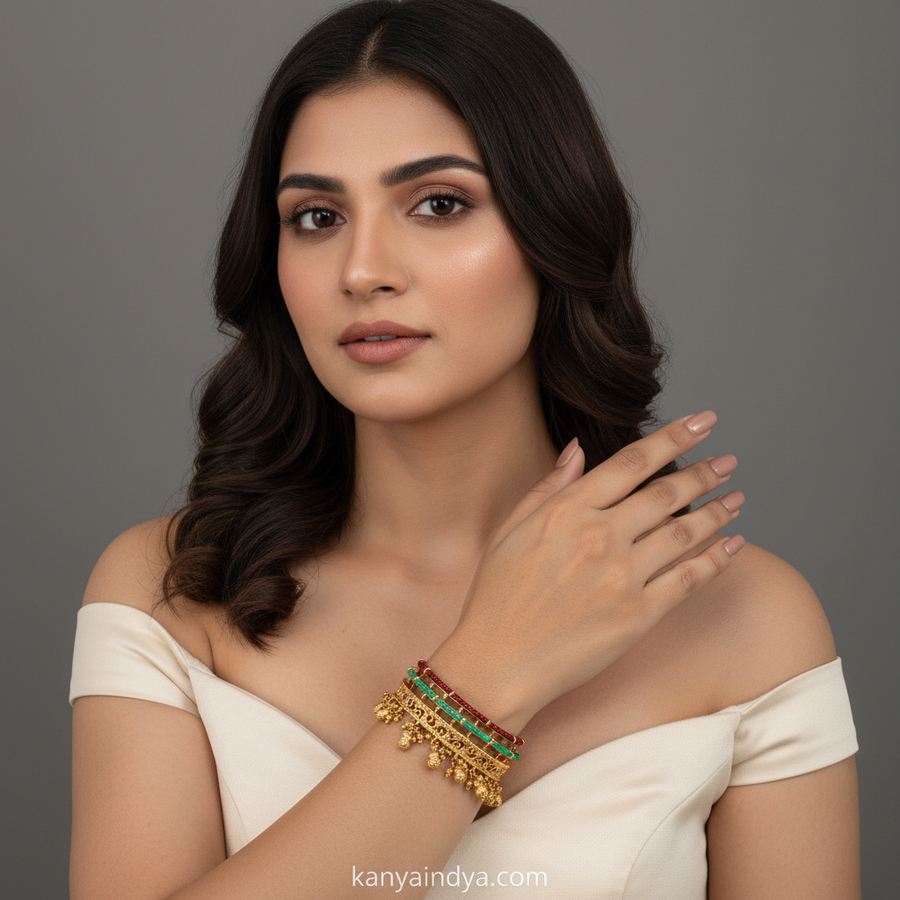 Multi Red Green Antique Gold Openable Bangle (Size 2.4)