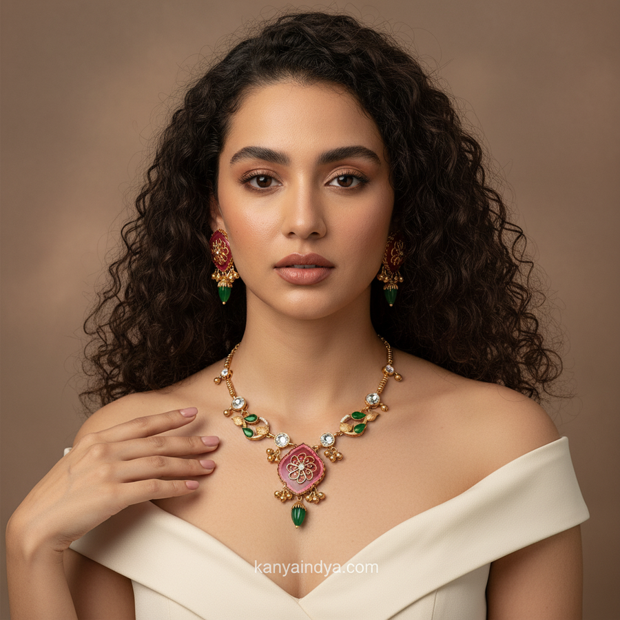 Ruby Multi Glass Stone With Inlay Work Apala Inspired Necklace Set