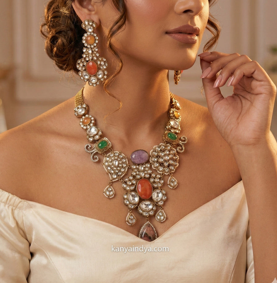 Orange Multi Marble Doublet & Moissanite Sabya Inspired Statement Necklace Set