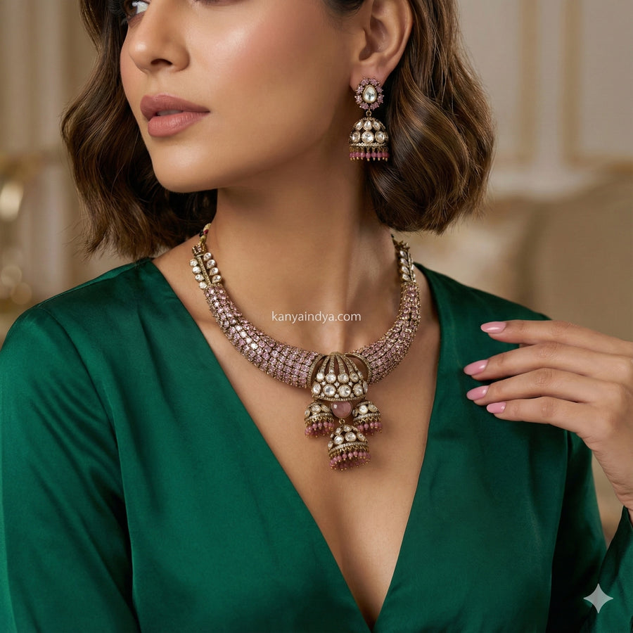 Pink Invisible Setting Moissanite Hasli Necklace Set