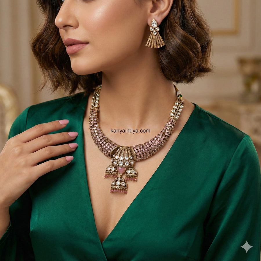 Pink Invisible Setting Moissanite Hasli Necklace Set