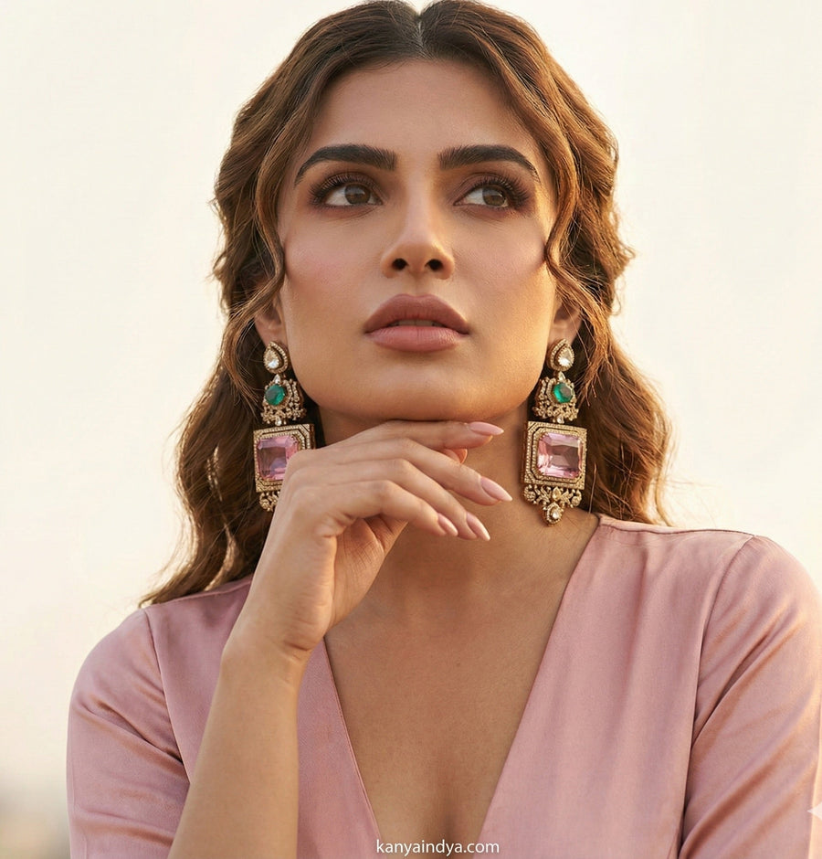 Pink Teal Moissanite Statement Earrings