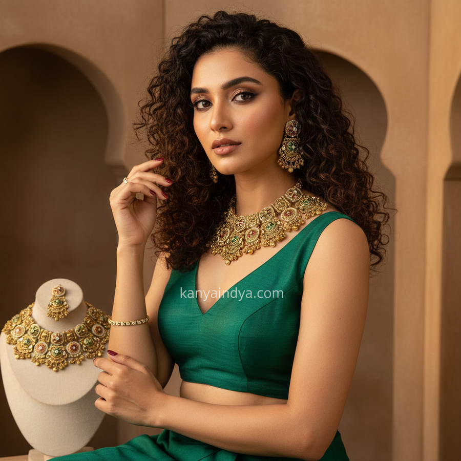 Mint & Ruby Antique Gold Statement Necklace Set