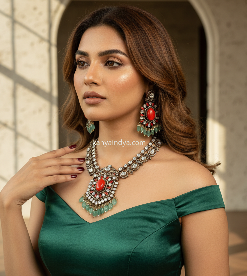 Red Coral & Mint Moissanite Necklace Set