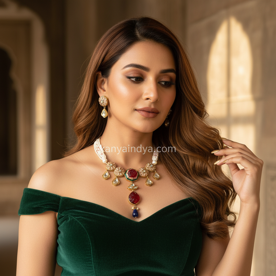 Ruby Carved Doublet Enamel Dainty Necklace Set