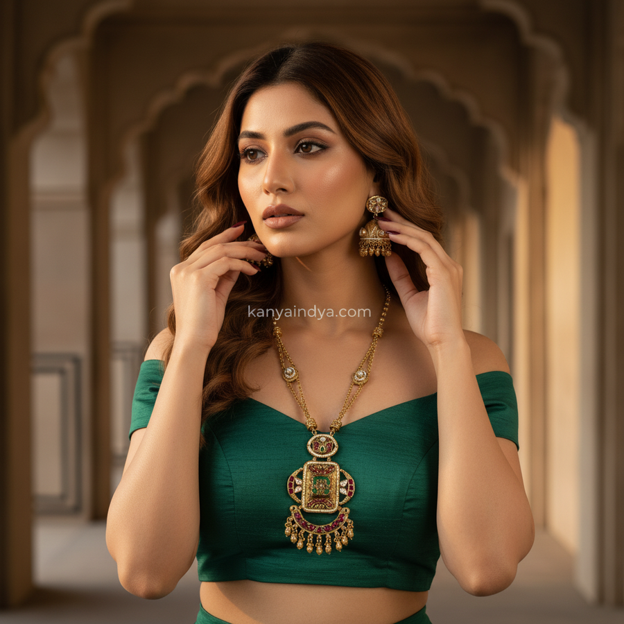 Ruby Green Heritage Antique Gold Dainty Jadau Long Necklace Set