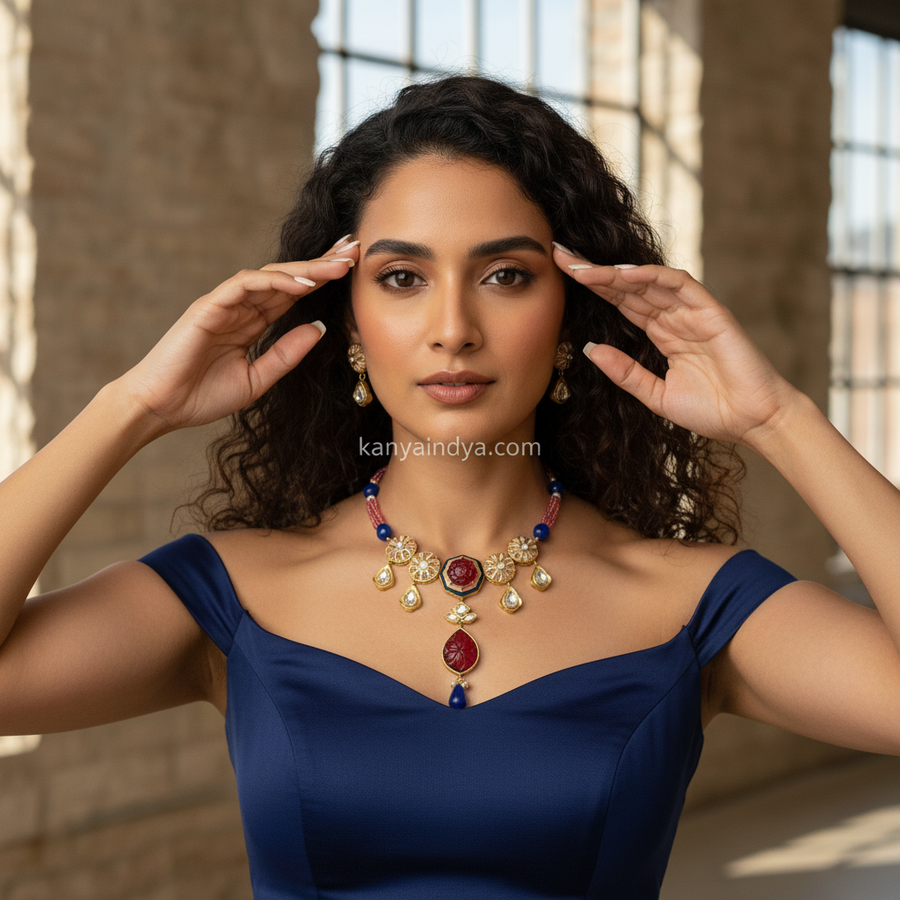 Ruby Blue Carved Doublet Enamel Dainty Necklace Set