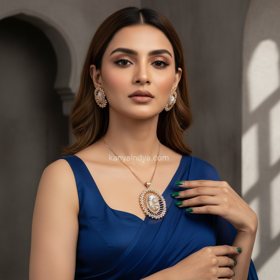 White Marble Stone American Diamonds Pendant Necklace Set