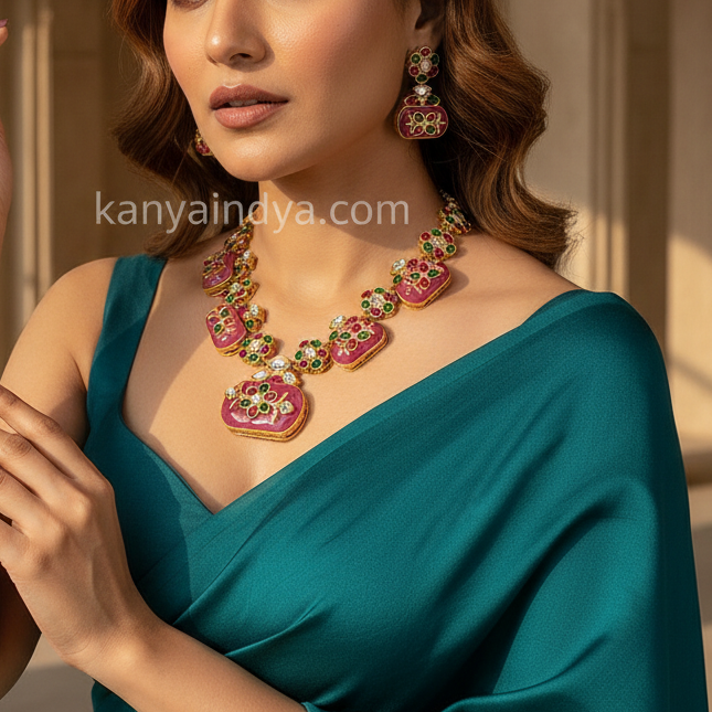 Pink Doublet Glass Stone With Inlay Work Necklace Set