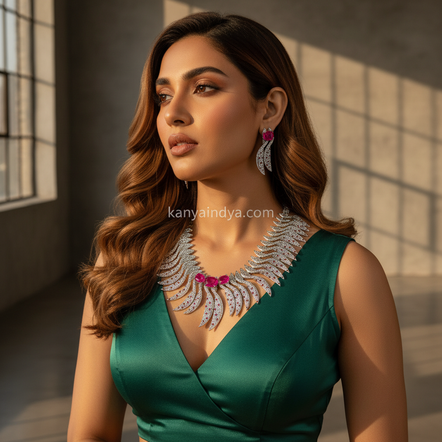 Hot Pink Doublet & AAA Cut Cubic Zirconia & Rhodium Polish Statement Necklace Set