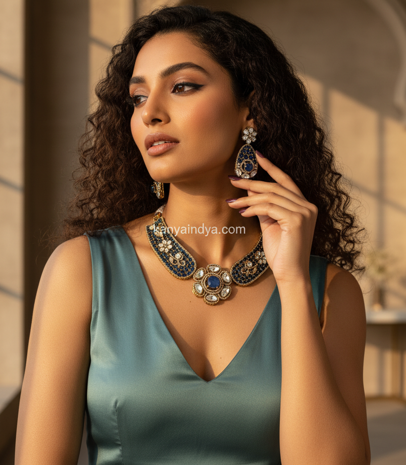 Blue Doublet Moissanite Invisible Flower Necklace Set