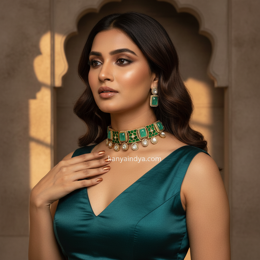 Green Jadau Moissanite Choker Necklace Set