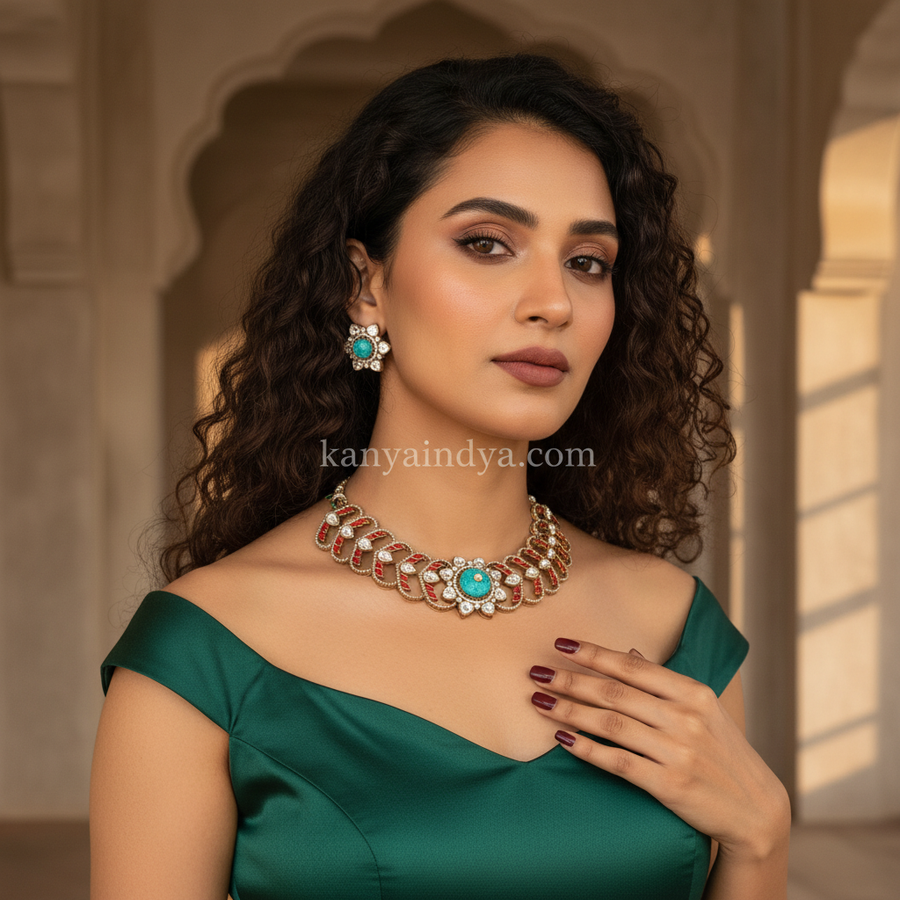 Turquoise & Coral Red Moissanite Choker Necklace Set