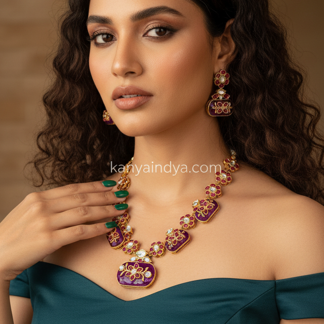 Purple Doublet Glass Stone With Inlay Work Necklace Set