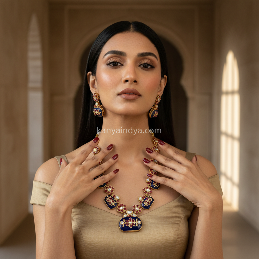 Blue Doublet Glass Stone With Inlay Work Necklace Set