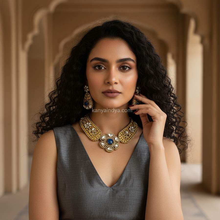 Blue Doublet & Yellow Moissanite Invisible Flower Necklace Set