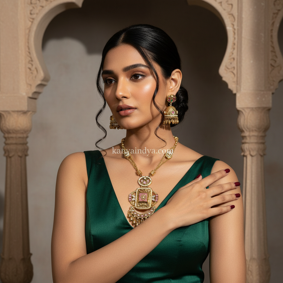 Pink Heritage Antique Gold Dainty Jadau Long Necklace Set