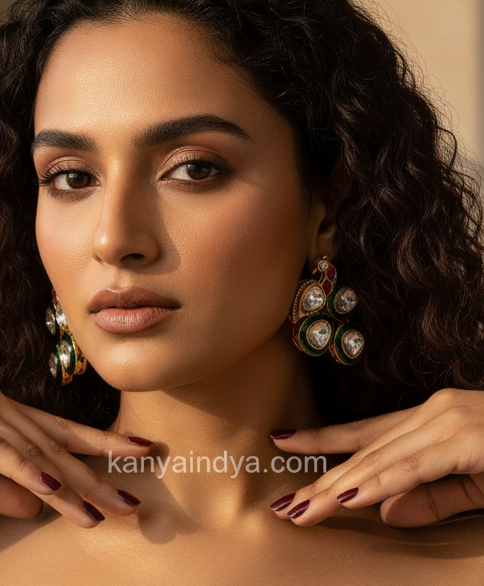 Green Meenakari Enamel Moissanite Peacock Stud Earrings