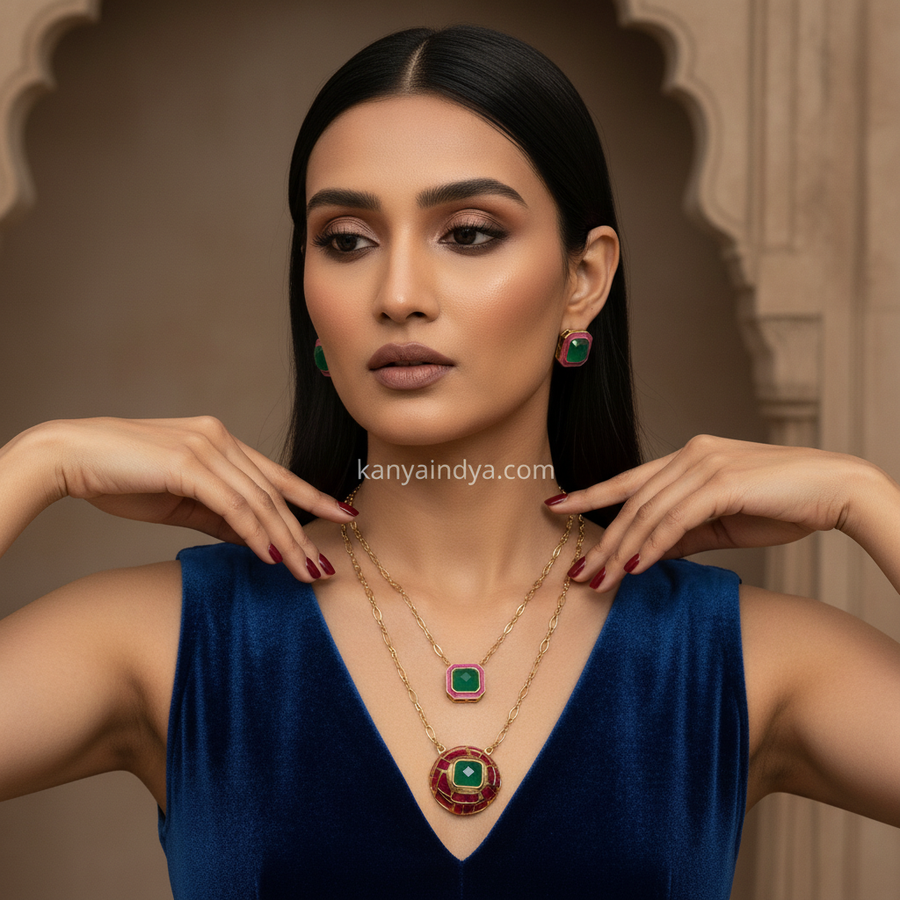 Ruby Green Jadau Two Layer Pendant Necklace Set