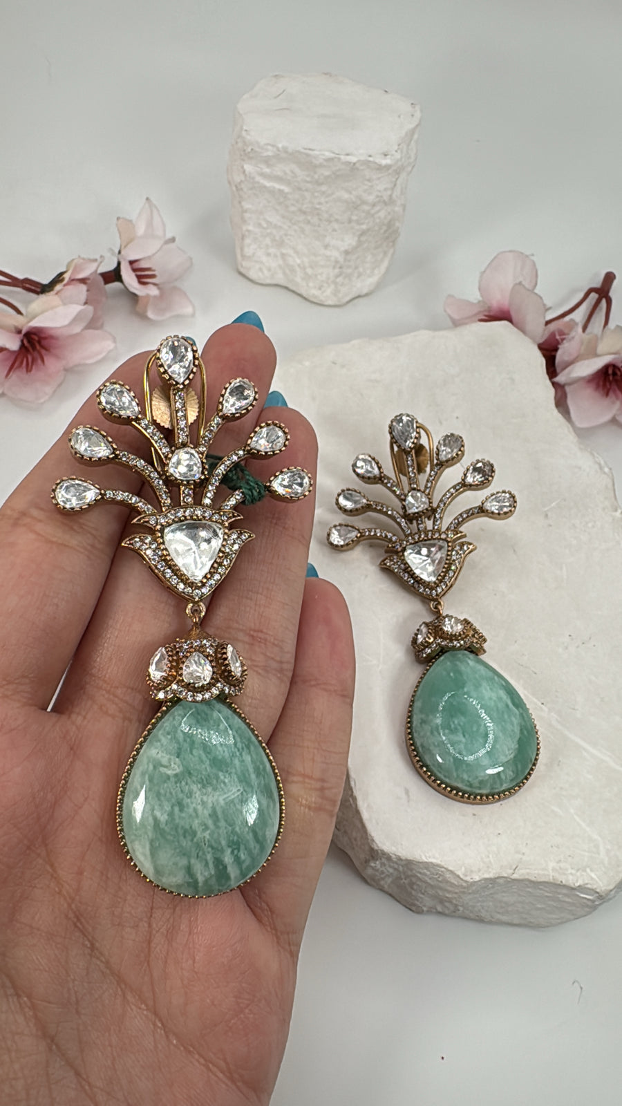 Blue Amazonite Stone & Moissanite Statement Earrings