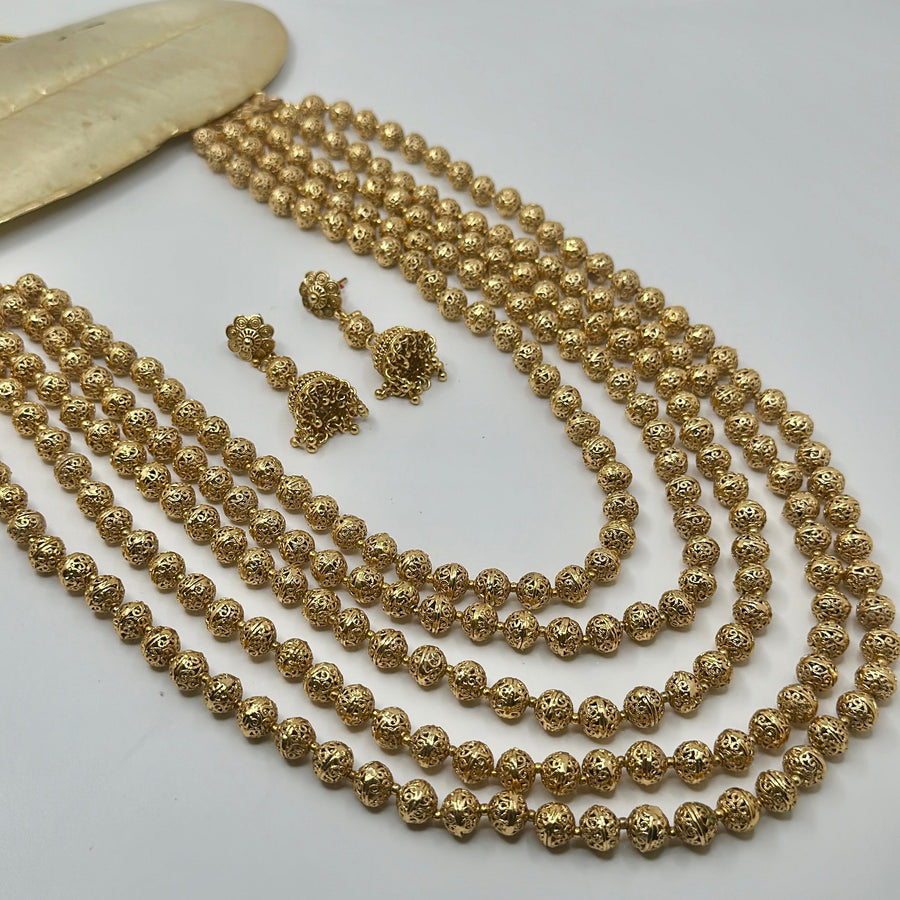 Clear Antique Gold Matar Mala Three Layers Long Necklace Set