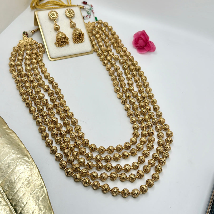 Clear Antique Gold Matar Mala Three Layers Long Necklace Set