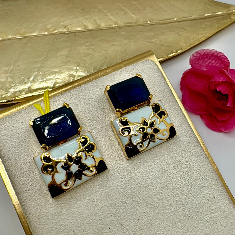 Blue Swarovski Crystal & Grey Meenakari Studs