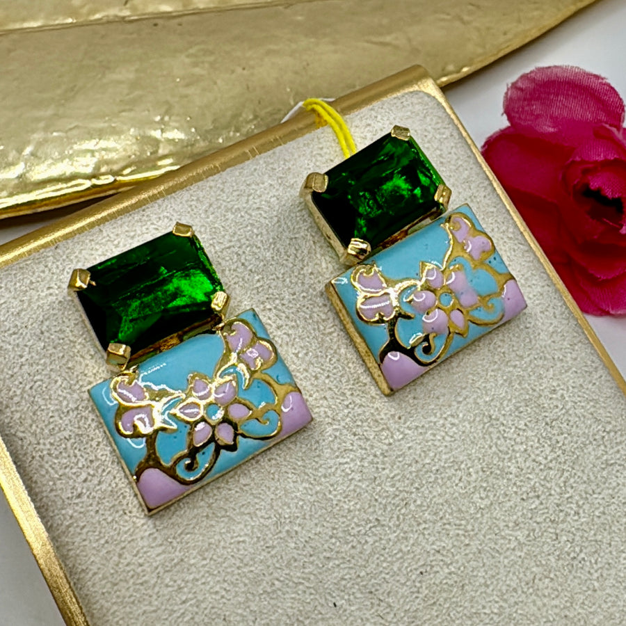 Green Swarovski Crystal & Blue Meenakari Studs