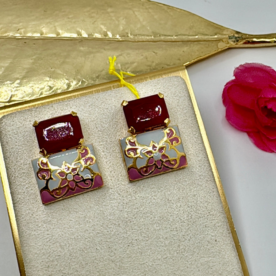 Ruby Swarovski Crystal & Grey Meenakari Studs