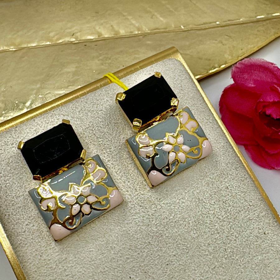 Black Swarovski Crystal & Grey Meenakari Studs