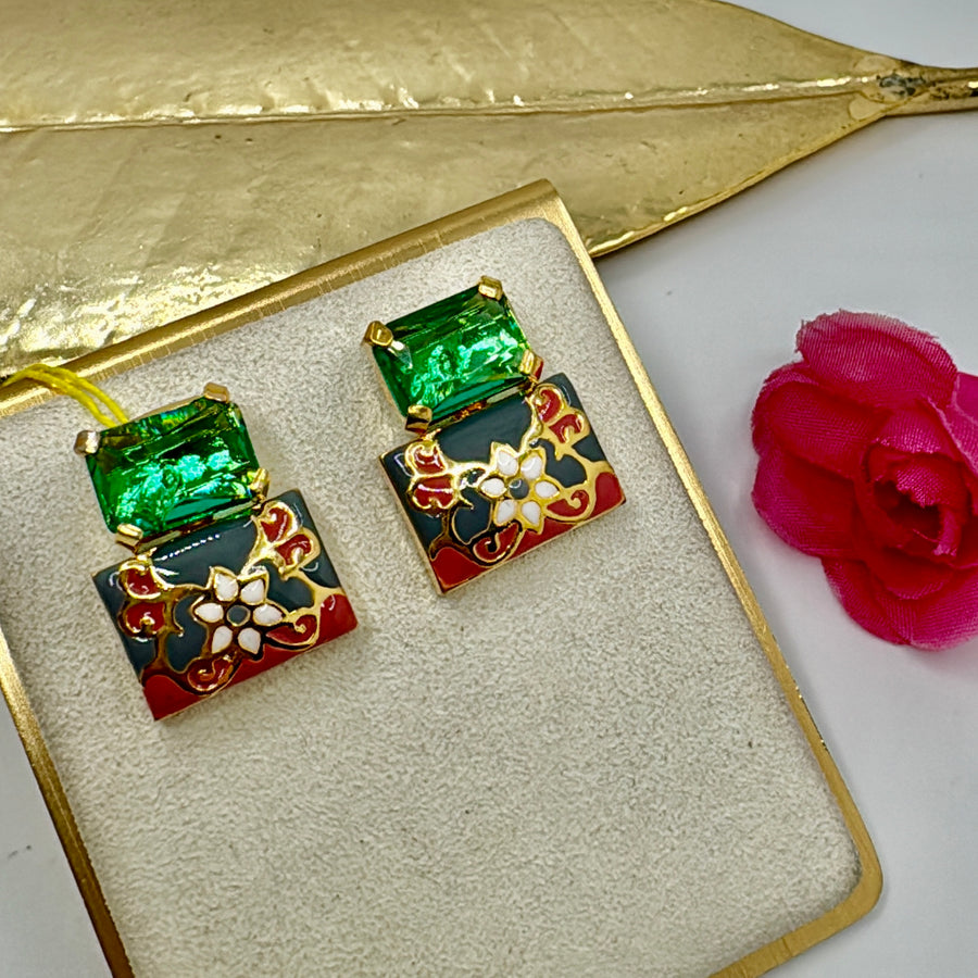 Green Swarovski Crystal & Blue Meenakari Studs