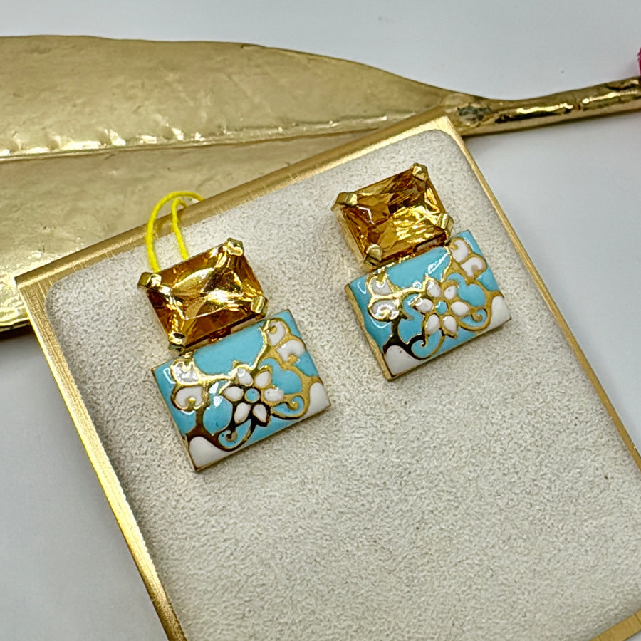 Yellow Swarovski & Turquoise Meenakari Studs