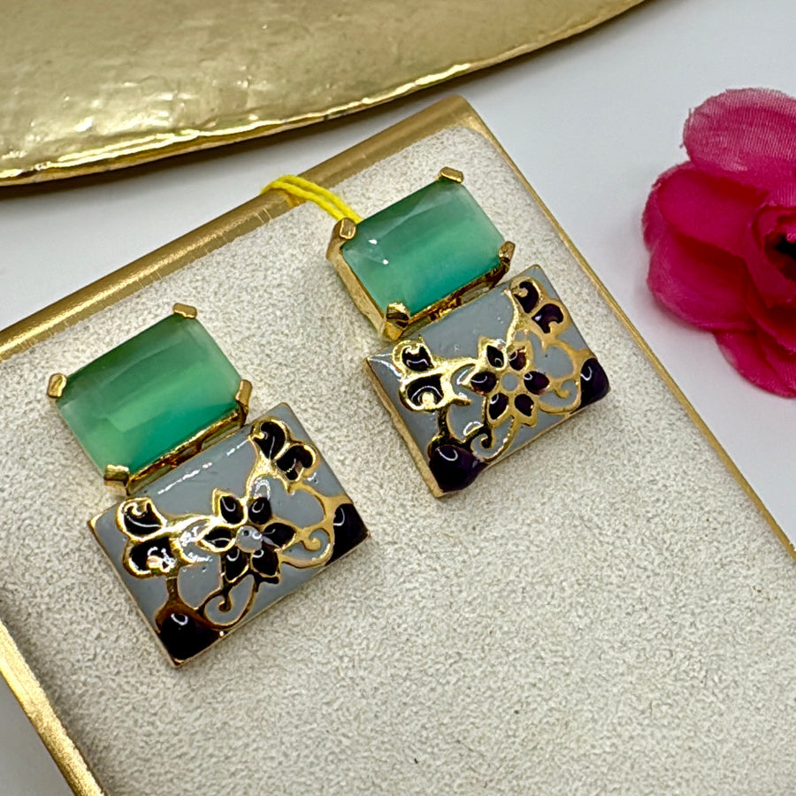 Mint Swarovski Crystal & Grey Meenakari Studs