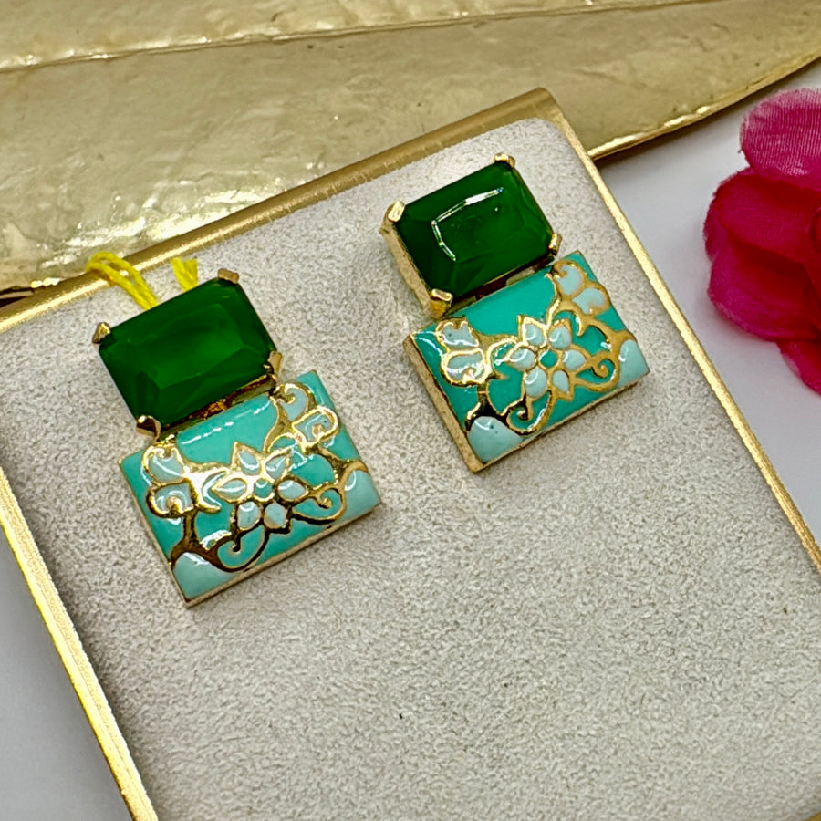 Green Swarovski Crystal & Turquoise Meenakari Studs