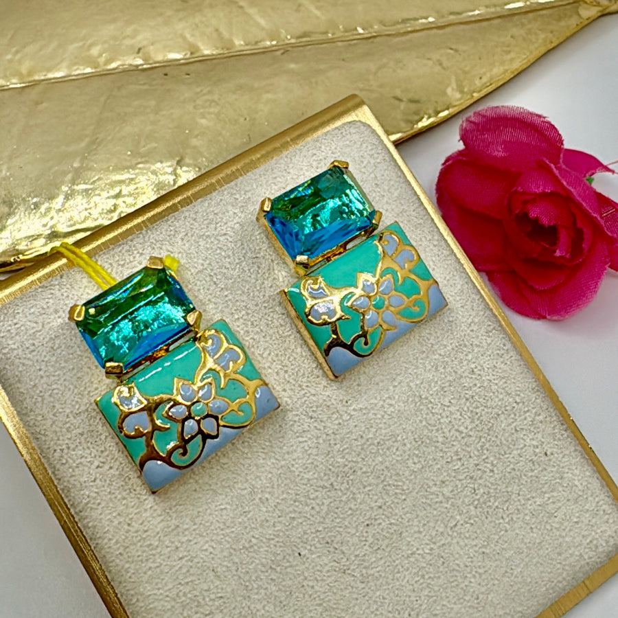 Turquoise Swarovski Crystal & Meenakari Studs