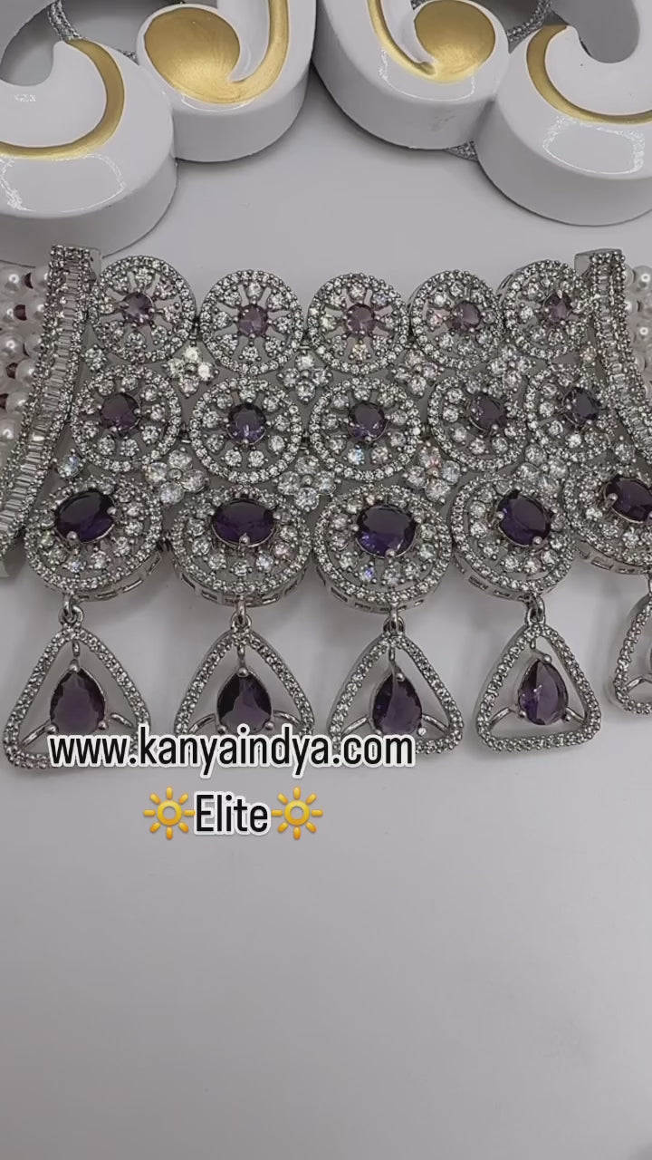 Purple Amethyst American Diamonds & Pearls Statement Choker Set