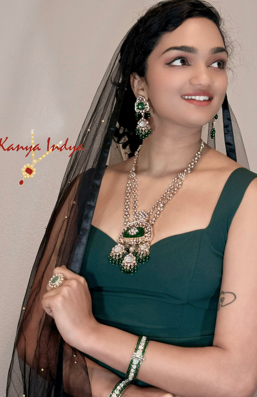 Emerald Green Tyaani Inspired  Long Necklace Set (Elephants)