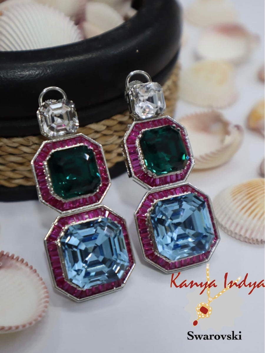 Blue Swarovski Crystals Statement Earrings